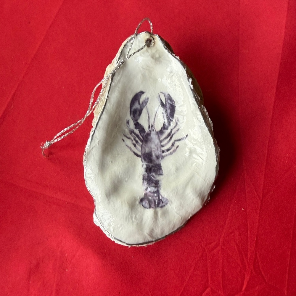 Oyster Shell Ornament with Blue Lobster Design